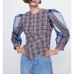 Zara Blue and Red Tweed Organza Top w Blue sheer Puff Long Sleeve M